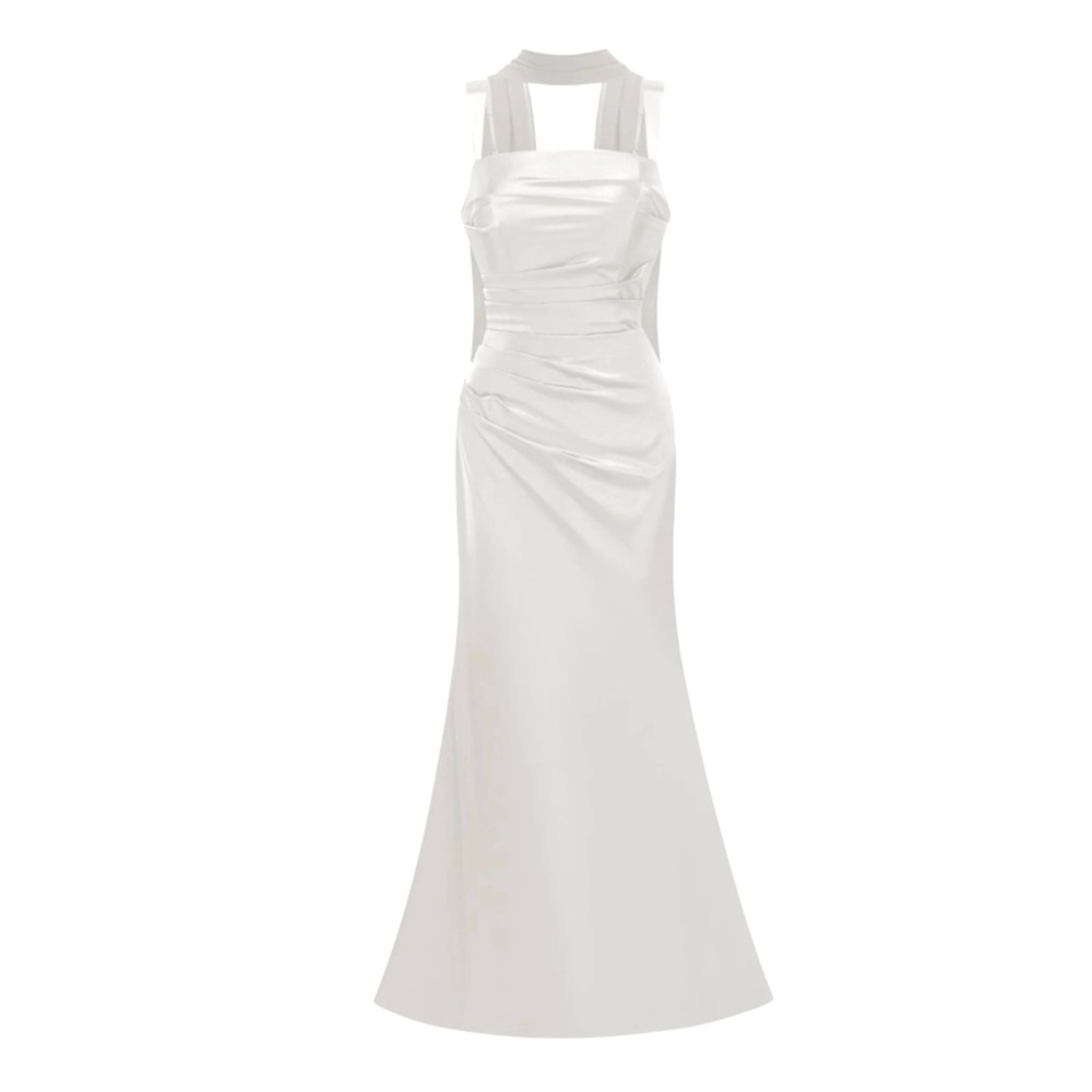 Miss Roiser Elegant White Ruched Satin Column Gown Square Neck Size 8 - 10